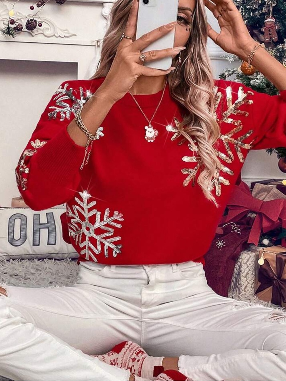 Christmas Day Red Sequin Patchwork Long Sleeve Sweater